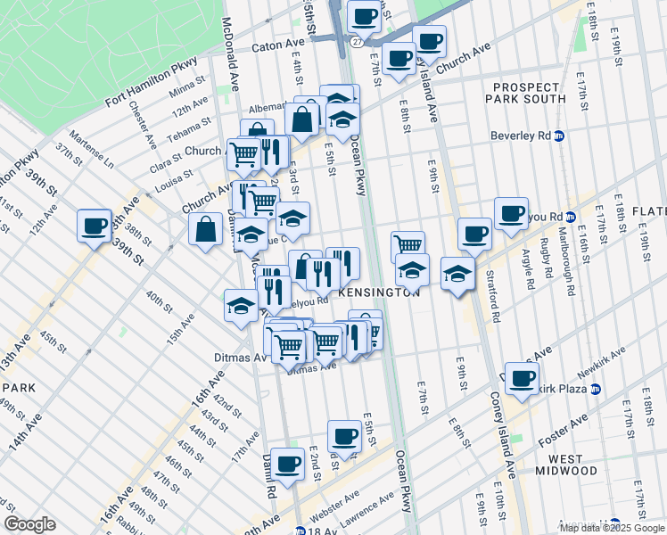map of restaurants, bars, coffee shops, grocery stores, and more near 515 East 4th Street in Brooklyn