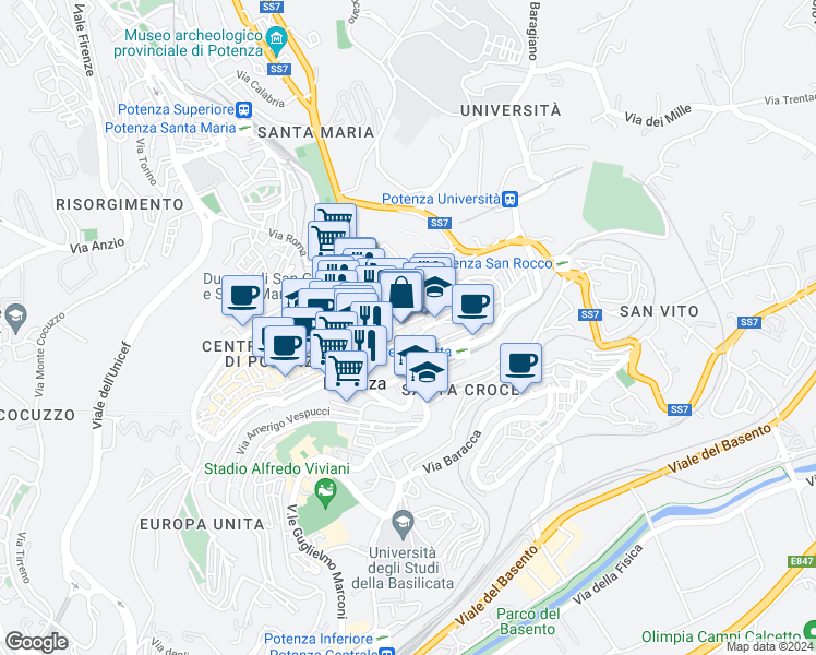 map of restaurants, bars, coffee shops, grocery stores, and more near 300 Via Pretoria in Potenza
