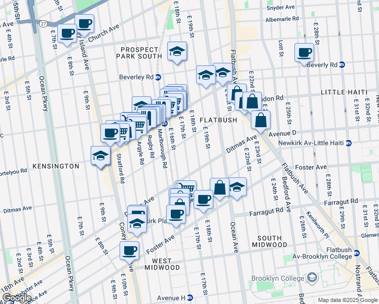 map of restaurants, bars, coffee shops, grocery stores, and more near 465 East 17th Street in Brooklyn