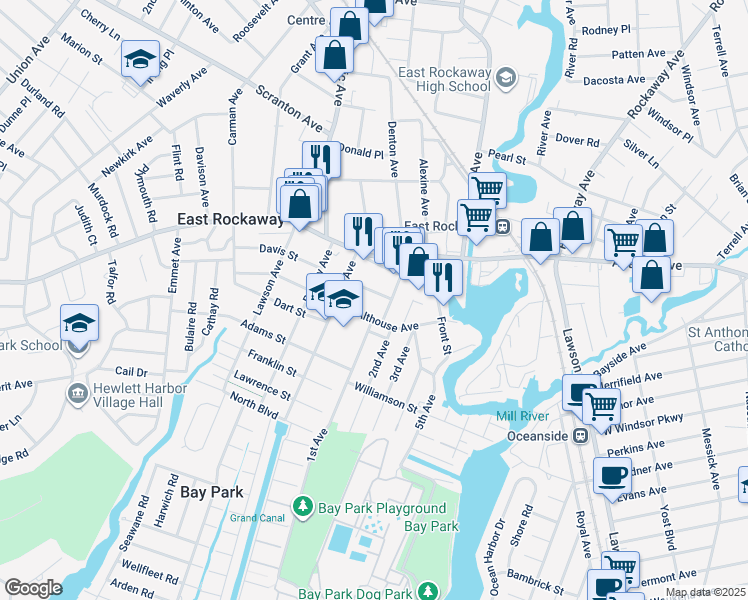 map of restaurants, bars, coffee shops, grocery stores, and more near 39 Alice Ct in East Rockaway