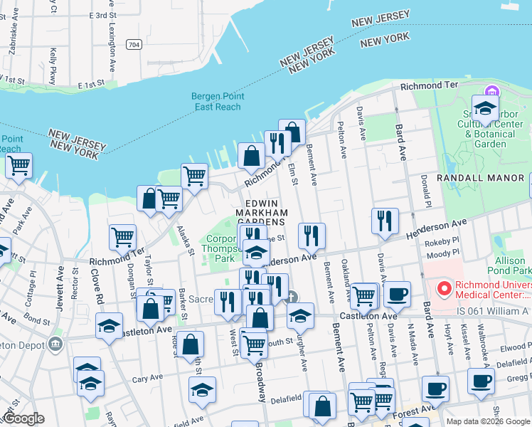 map of restaurants, bars, coffee shops, grocery stores, and more near 39 Markham Road in Staten Island