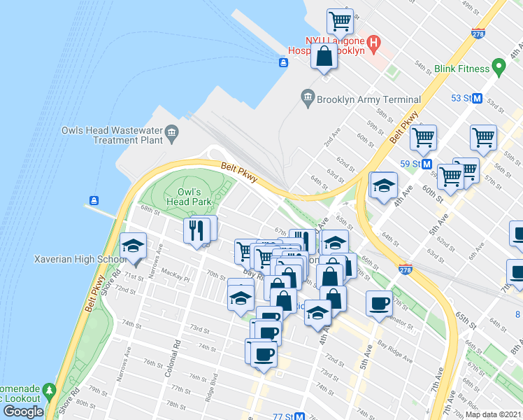 map of restaurants, bars, coffee shops, grocery stores, and more near 6645 Bergen Place in Brooklyn