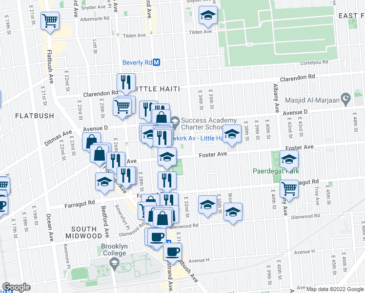 map of restaurants, bars, coffee shops, grocery stores, and more near 1358 New York Avenue in Brooklyn