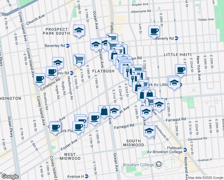 map of restaurants, bars, coffee shops, grocery stores, and more near 518 East 22nd Street in Brooklyn