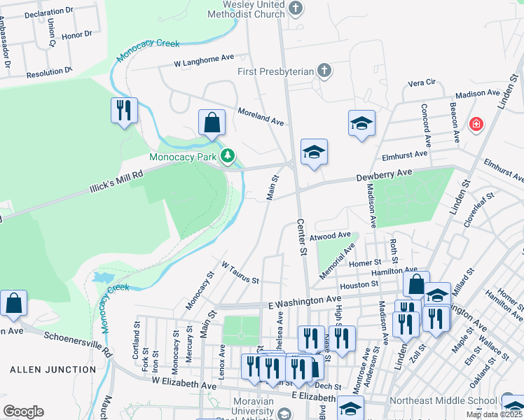 map of restaurants, bars, coffee shops, grocery stores, and more near 1961 Main Street in Bethlehem