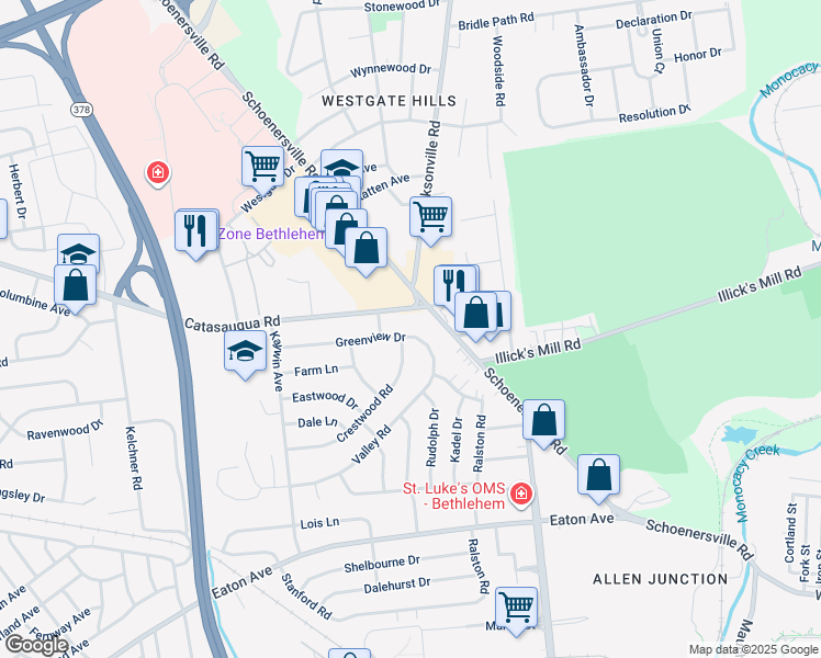 map of restaurants, bars, coffee shops, grocery stores, and more near 1348 Greenview Drive in Bethlehem