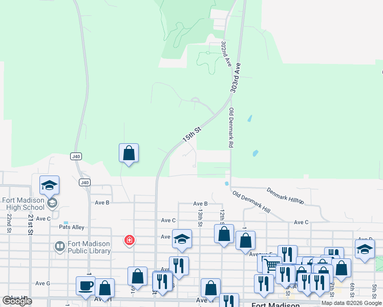 map of restaurants, bars, coffee shops, grocery stores, and more near 11 Ridgewood Road in Fort Madison