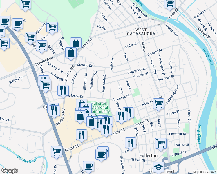 map of restaurants, bars, coffee shops, grocery stores, and more near 1151 Jordan Boulevard in Fullerton