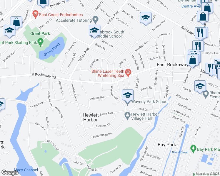 map of restaurants, bars, coffee shops, grocery stores, and more near 277 Waverly Avenue in East Rockaway