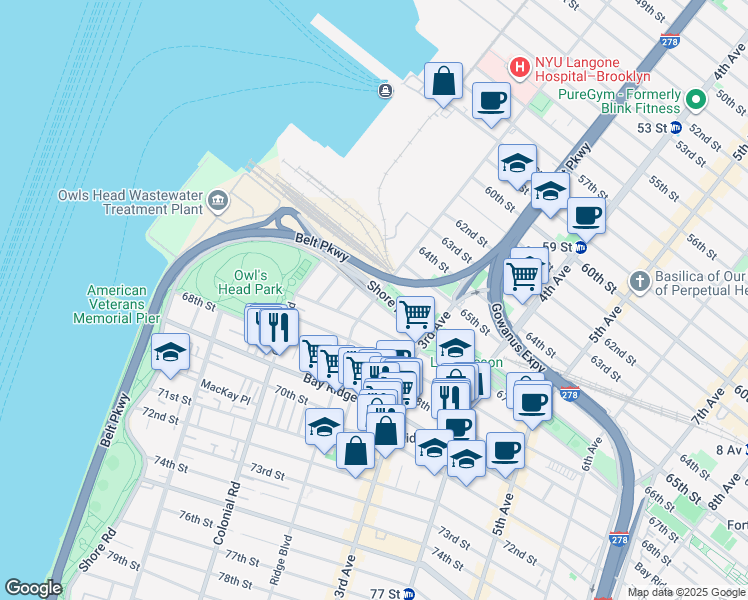 map of restaurants, bars, coffee shops, grocery stores, and more near Ridge Boulevard & Wakeman Place in Brooklyn