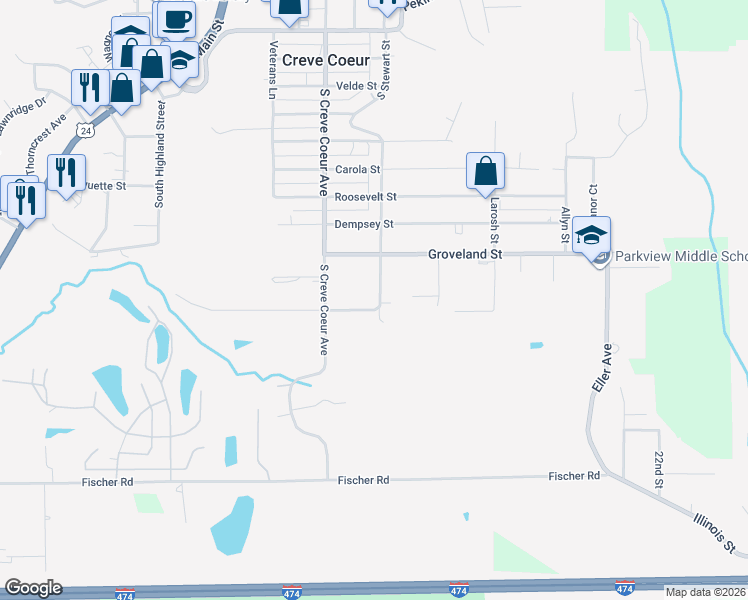 map of restaurants, bars, coffee shops, grocery stores, and more near 933 South Stewart Street in Creve Coeur