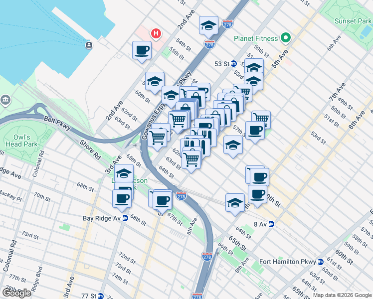 map of restaurants, bars, coffee shops, grocery stores, and more near 430 61st Street in Brooklyn