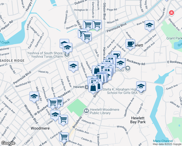 map of restaurants, bars, coffee shops, grocery stores, and more near 1232 Herbert Place in Hewlett