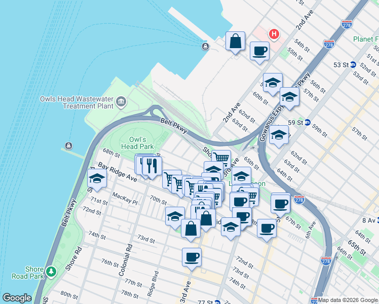 map of restaurants, bars, coffee shops, grocery stores, and more near 6645 Bergen Place in Brooklyn