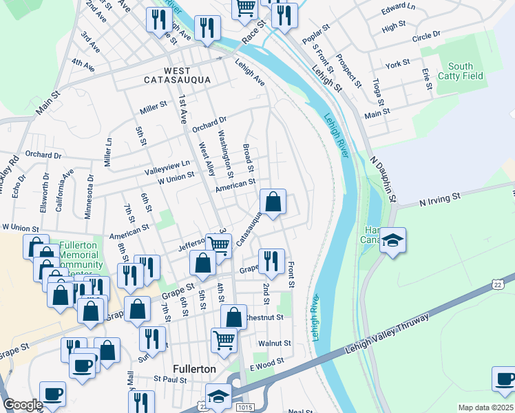 map of restaurants, bars, coffee shops, grocery stores, and more near 1016 Catasauqua Road in Fullerton