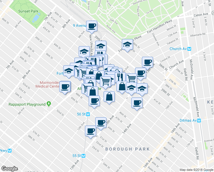 map of restaurants, bars, coffee shops, grocery stores, and more near 1188 44th Street in Brooklyn