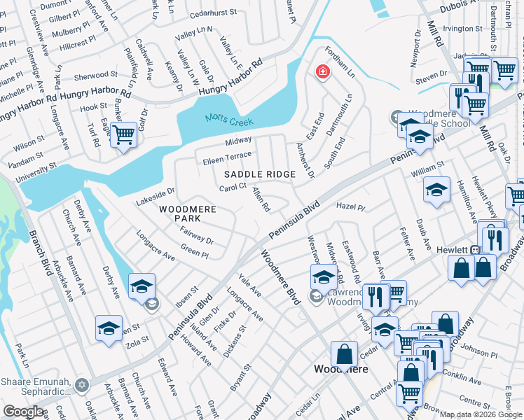 map of restaurants, bars, coffee shops, grocery stores, and more near 525 Allen Road in Woodmere