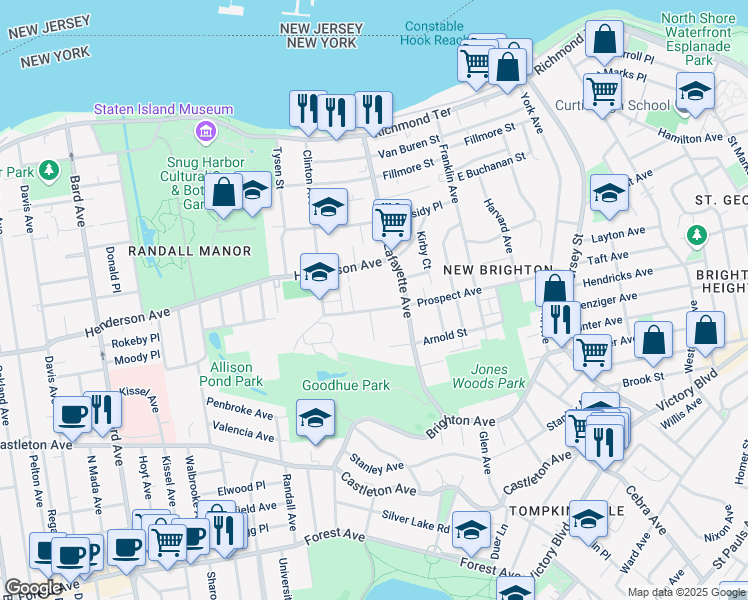 map of restaurants, bars, coffee shops, grocery stores, and more near 237 Prospect Avenue in Staten Island