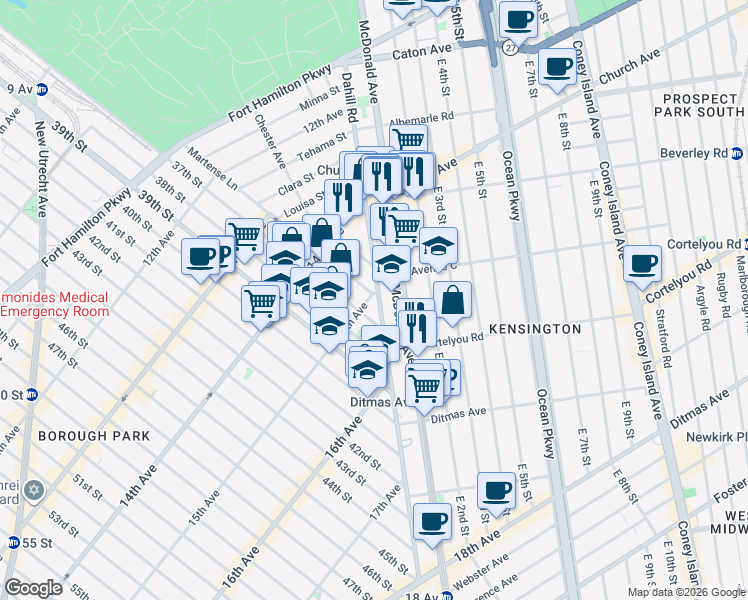 map of restaurants, bars, coffee shops, grocery stores, and more near 3601 15th Avenue in Brooklyn