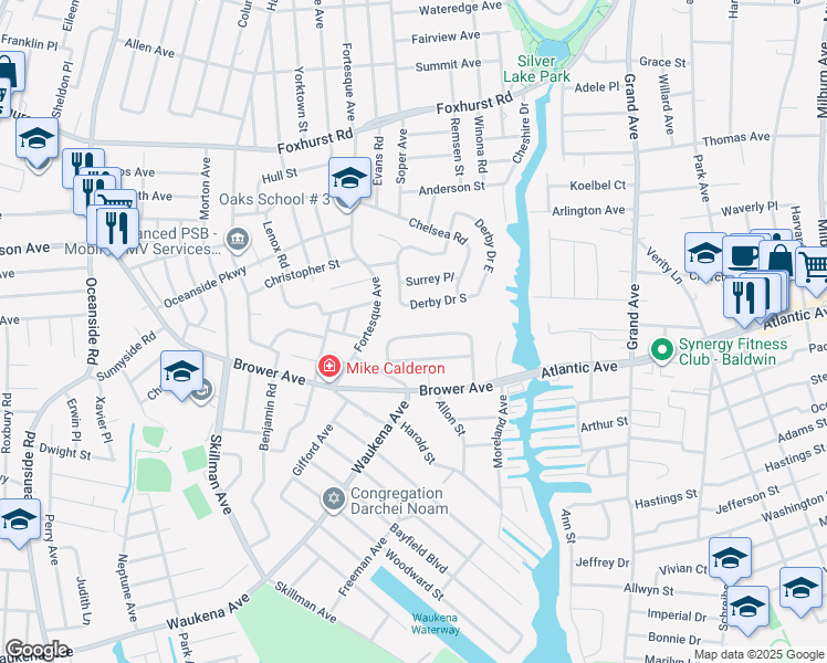 map of restaurants, bars, coffee shops, grocery stores, and more near 505 Sunnybrook Drive East in Oceanside