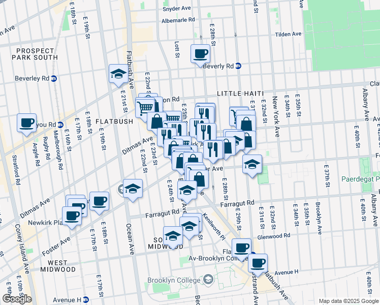 map of restaurants, bars, coffee shops, grocery stores, and more near 2523 Newkirk Avenue in Brooklyn