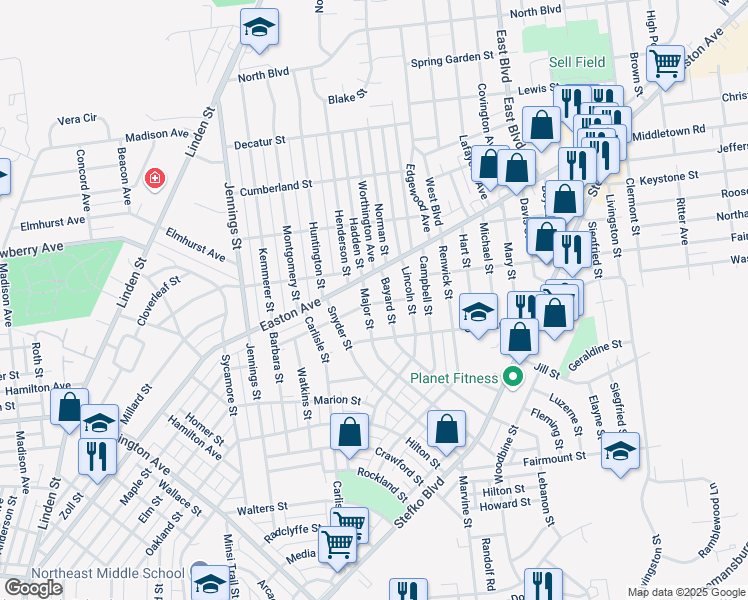 map of restaurants, bars, coffee shops, grocery stores, and more near 1105 Nicholas St in Bethlehem