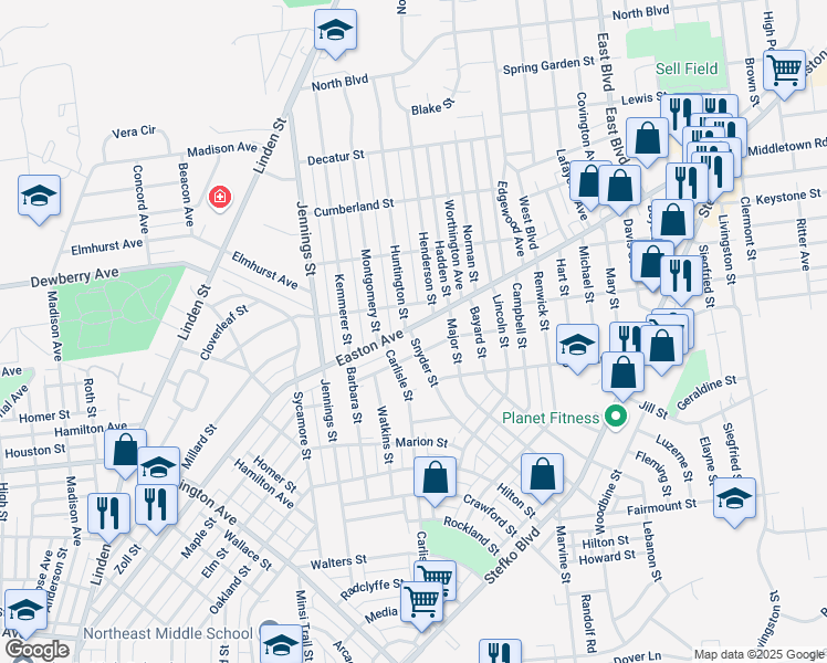 map of restaurants, bars, coffee shops, grocery stores, and more near 2038 Easton Ave in Bethlehem