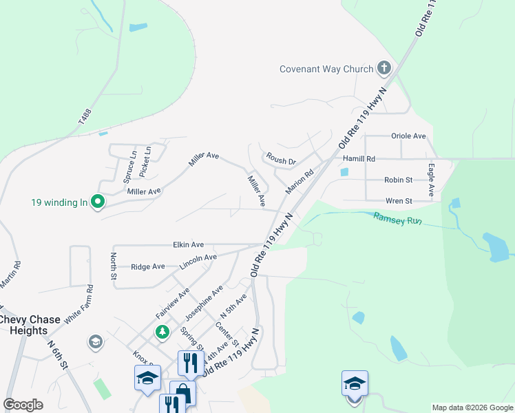 map of restaurants, bars, coffee shops, grocery stores, and more near 135 Sunset Drive in Indiana