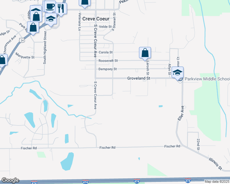 map of restaurants, bars, coffee shops, grocery stores, and more near 933 South Stewart Street in Creve Coeur