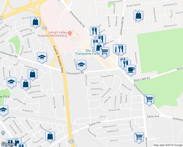 map of restaurants, bars, coffee shops, grocery stores, and more near 1539 Catasauqua Road in Bethlehem