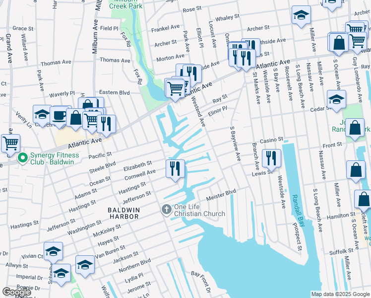 map of restaurants, bars, coffee shops, grocery stores, and more near 49 Dock Drive in Freeport