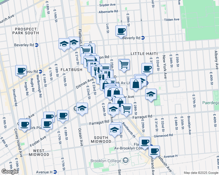 map of restaurants, bars, coffee shops, grocery stores, and more near 1267 Flatbush Avenue in Brooklyn