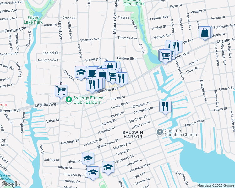 map of restaurants, bars, coffee shops, grocery stores, and more near 229 Milburn Avenue in Baldwin