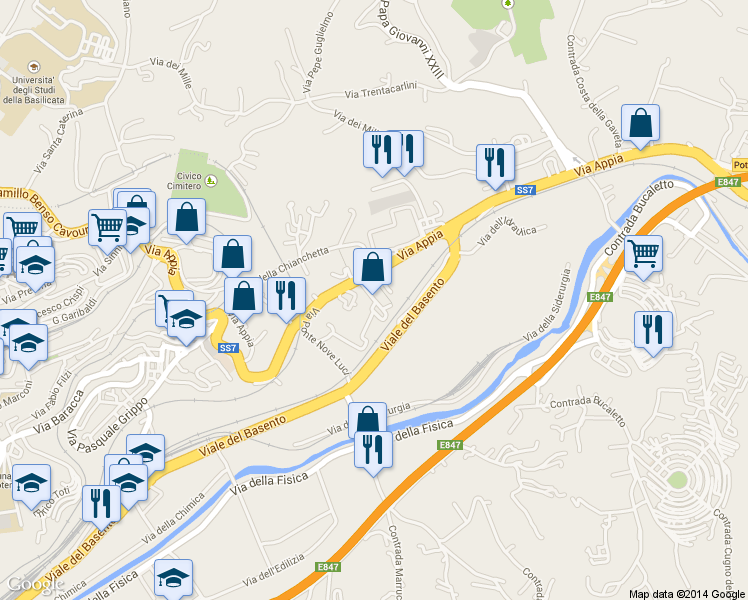 map of restaurants, bars, coffee shops, grocery stores, and more near Via Louis Braille in Potenza