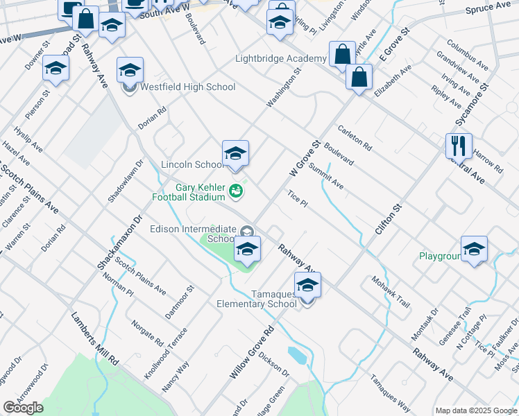 map of restaurants, bars, coffee shops, grocery stores, and more near 514 West Grove Street in Westfield