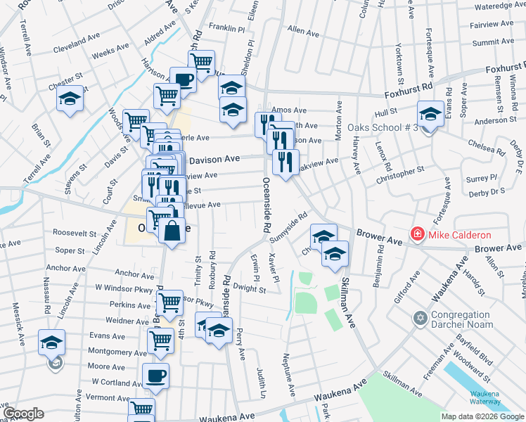 map of restaurants, bars, coffee shops, grocery stores, and more near 2949 Oceanside Road in Oceanside