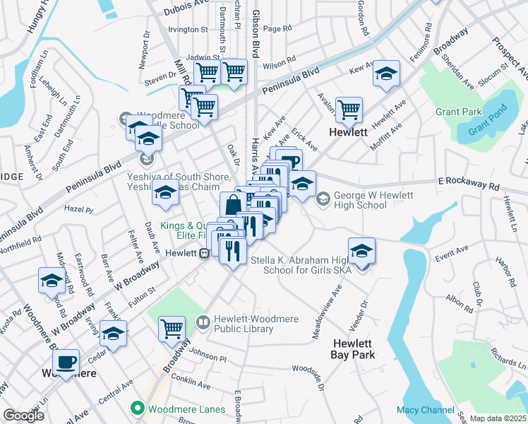 map of restaurants, bars, coffee shops, grocery stores, and more near 1300 Broadway in Hewlett