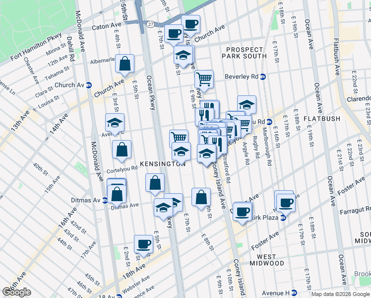 map of restaurants, bars, coffee shops, grocery stores, and more near 430 East 8th Street in Brooklyn