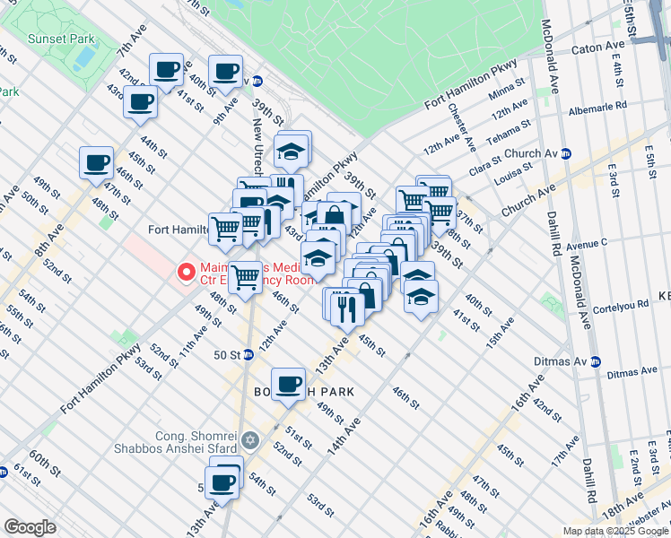 map of restaurants, bars, coffee shops, grocery stores, and more near 1212 43rd Street in Brooklyn