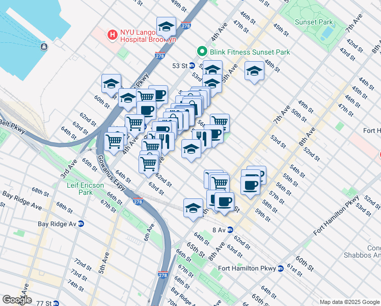 map of restaurants, bars, coffee shops, grocery stores, and more near 531 59th Street in Brooklyn