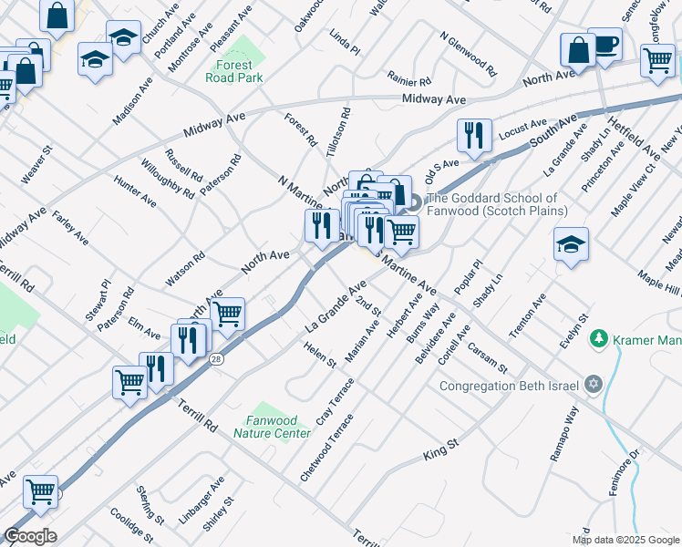 map of restaurants, bars, coffee shops, grocery stores, and more near 32 2nd Street in Fanwood