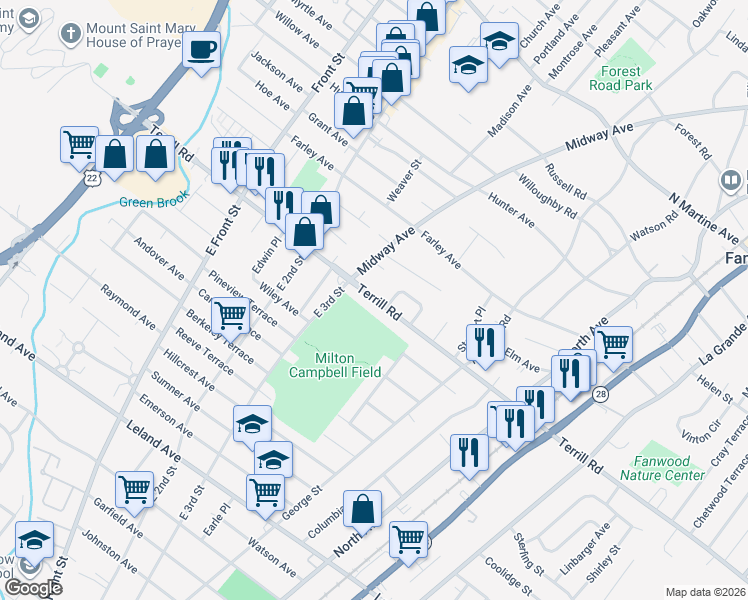 map of restaurants, bars, coffee shops, grocery stores, and more near 205 Terrill Road in Fanwood