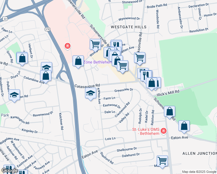 map of restaurants, bars, coffee shops, grocery stores, and more near 1545 Catasauqua Road in Bethlehem