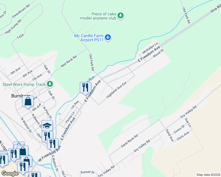 map of restaurants, bars, coffee shops, grocery stores, and more near 500-598 Wood St in Burnham