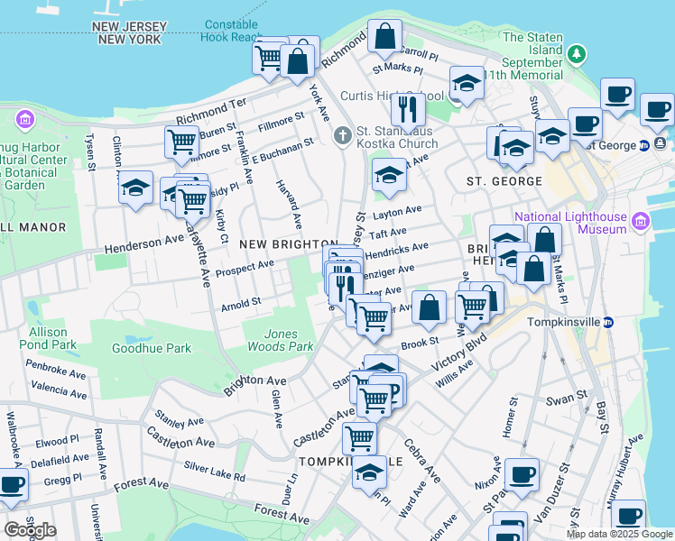map of restaurants, bars, coffee shops, grocery stores, and more near 281 York Avenue in Staten Island