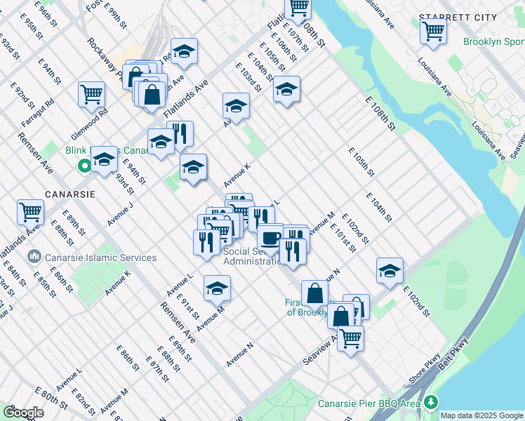 map of restaurants, bars, coffee shops, grocery stores, and more near 1367 East 98th Street in Brooklyn