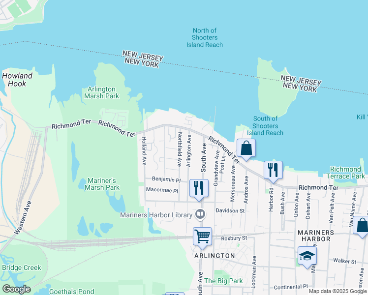 map of restaurants, bars, coffee shops, grocery stores, and more near 40 Arlington Avenue in Staten Island