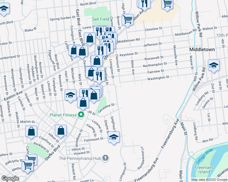 map of restaurants, bars, coffee shops, grocery stores, and more near 1849 Livingston Street in Bethlehem