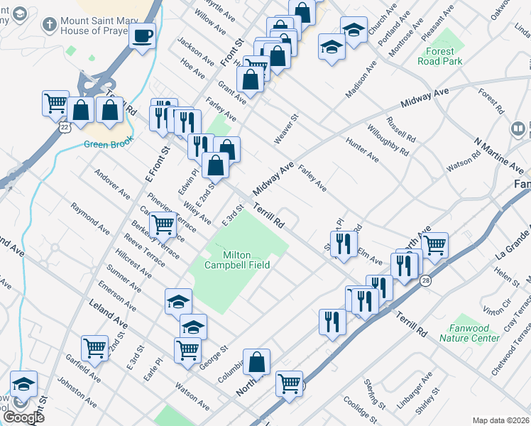 map of restaurants, bars, coffee shops, grocery stores, and more near 205 Terrill Road in Fanwood