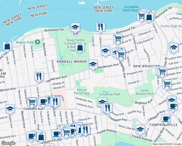 map of restaurants, bars, coffee shops, grocery stores, and more near 17 Caldera Place in Staten Island